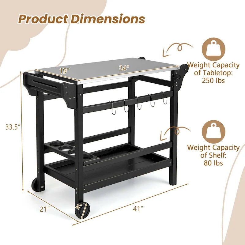 Black Outdoor Dining Cart Table with Stainless Steel Top, Single-Person Use