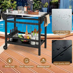 Black Outdoor Dining Cart Table with Stainless Steel Top, Single-Person Use