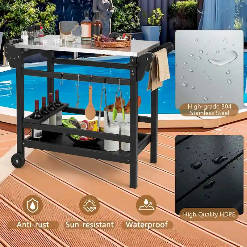 Black Outdoor Dining Cart Table with Stainless Steel Top, Single-Person Use