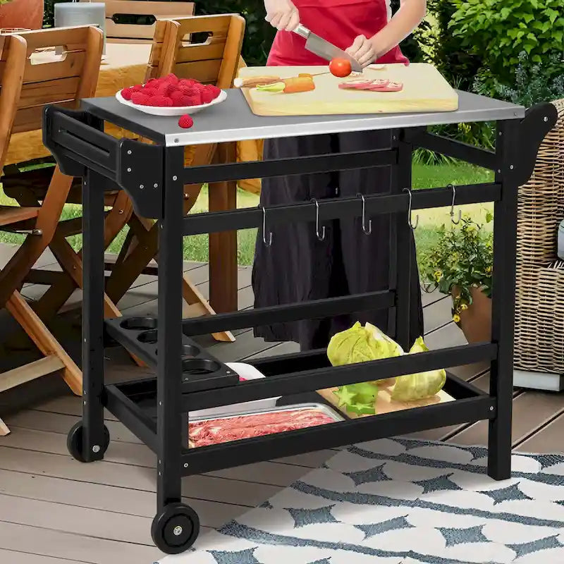 Black Outdoor Dining Cart Table with Stainless Steel Top, Single-Person Use