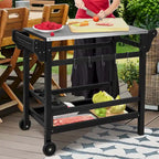 Black Outdoor Dining Cart Table with Stainless Steel Top, Single-Person Use