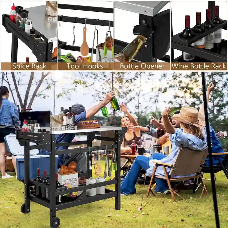 Black Outdoor Dining Cart Table with Stainless Steel Top, Single-Person Use
