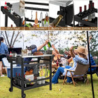 Black Outdoor Dining Cart Table with Stainless Steel Top, Single-Person Use