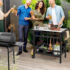Black Outdoor Dining Cart Table with Stainless Steel Top, Single-Person Use