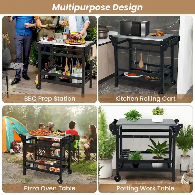 Black Outdoor Dining Cart Table with Stainless Steel Top, Single-Person Use