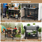 Black Outdoor Dining Cart Table with Stainless Steel Top, Single-Person Use