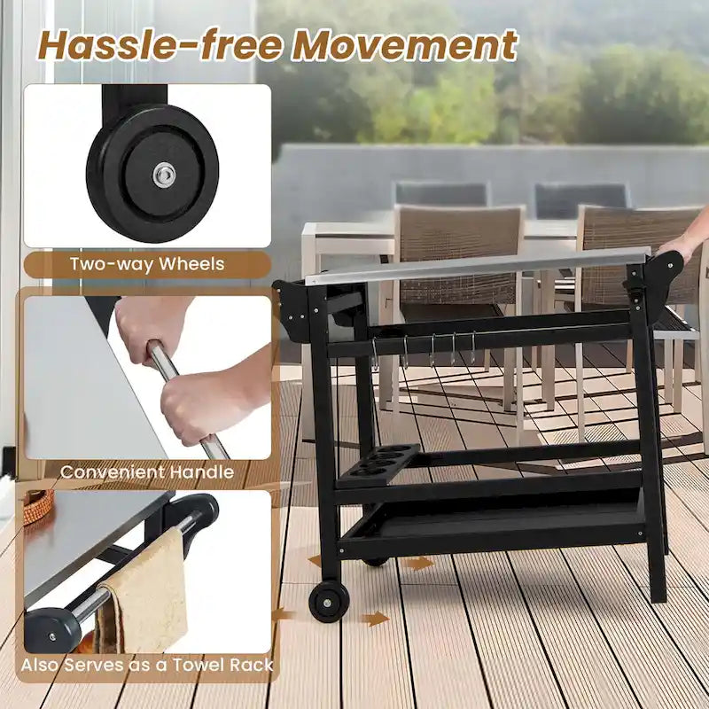 Black Outdoor Dining Cart Table with Stainless Steel Top, Single-Person Use