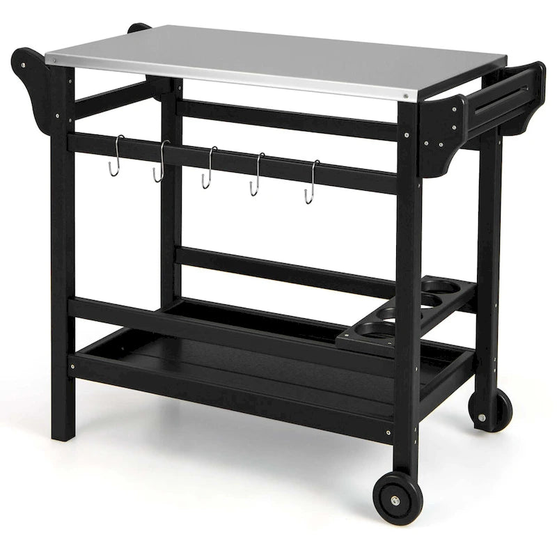 Black Outdoor Dining Cart Table with Stainless Steel Top, Single-Person Use