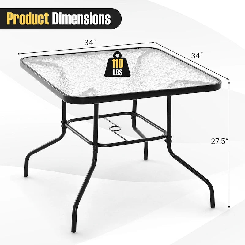 Black Square Tempered Glass Outdoor Dining Table for 4, 34"