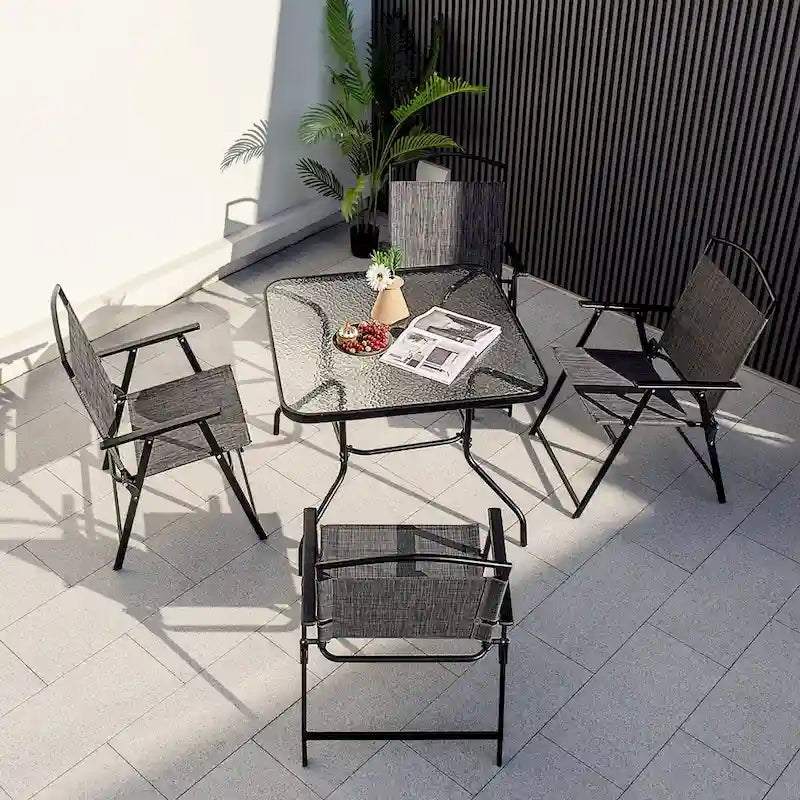 Black Square Tempered Glass Outdoor Dining Table for 4, 34"