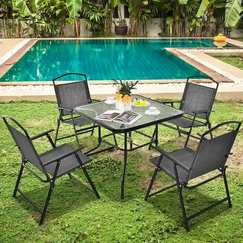 Black Square Tempered Glass Outdoor Dining Table for 4, 34"