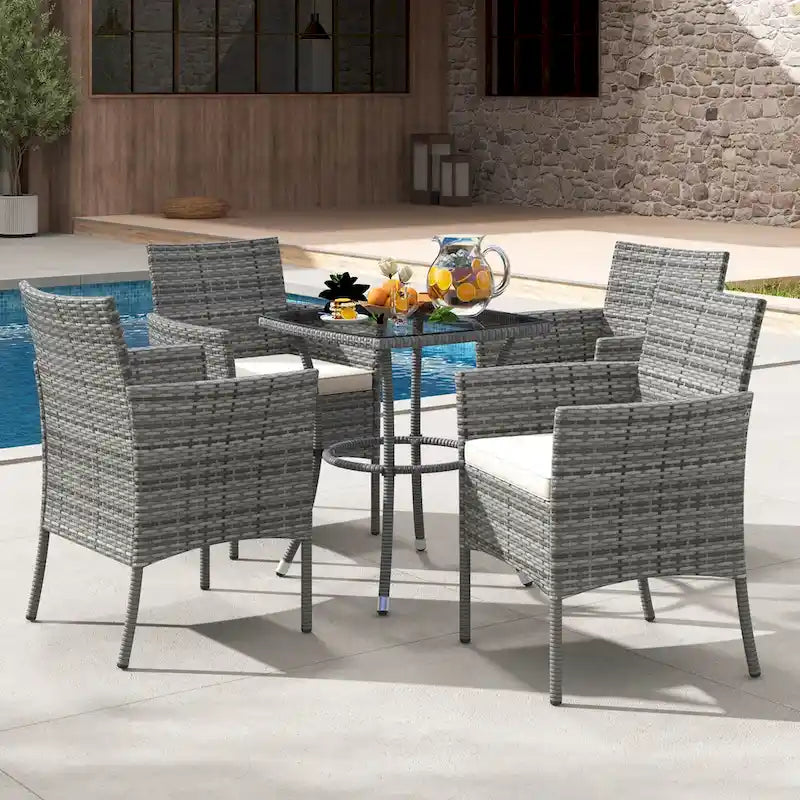 Off-White & Gray Rattan Arm Dining Chair with Cushion, Set of 2