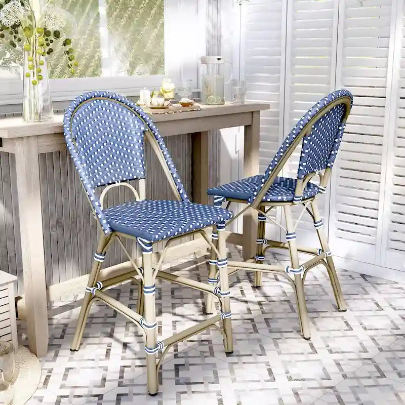 Blue & White Wicker Counter-Height Chair, French Style, Set of 2