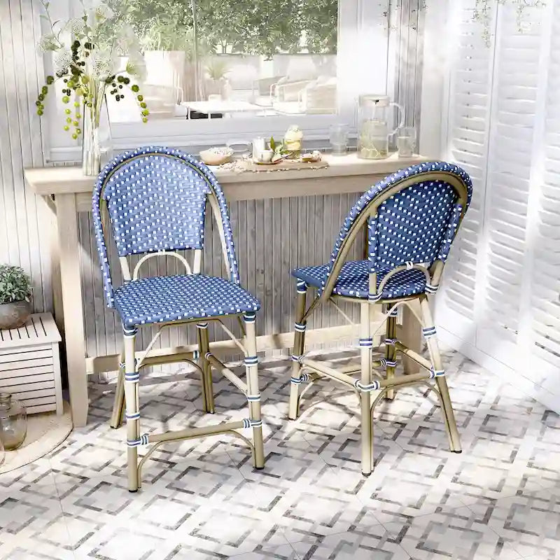 Blue & White Wicker Counter-Height Chair, French Style, Set of 2