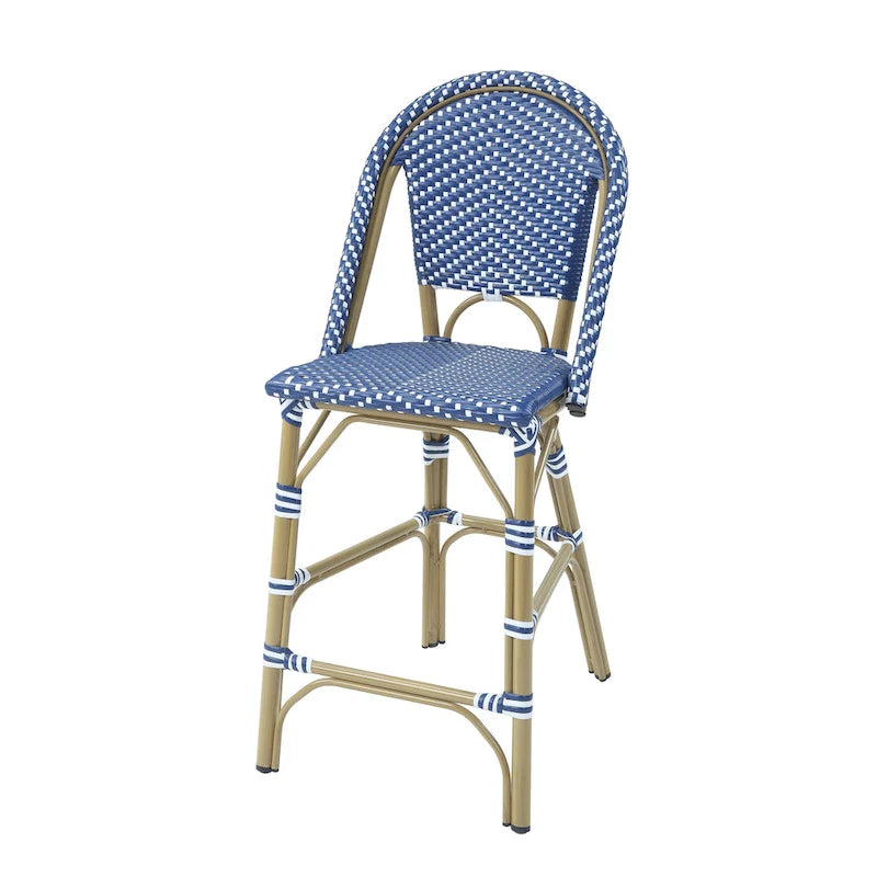 Blue & White Wicker Counter-Height Chair, French Style, Set of 2