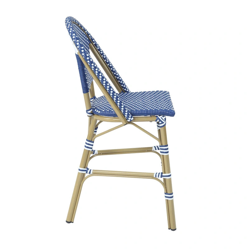 Blue & White Wicker Counter-Height Chair, French Style, Set of 2