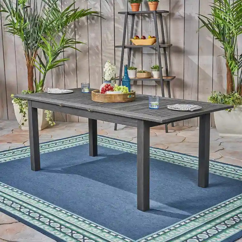 Dark Gray / Natural Expandable Outdoor Acacia Wood Dining Table, Seats 6–8