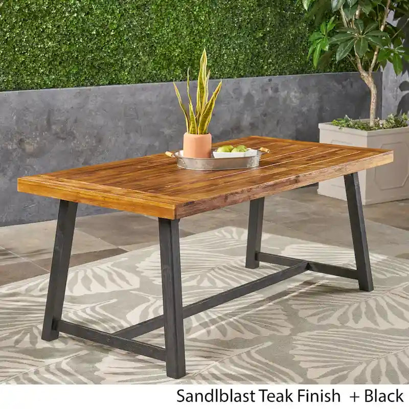 Sandblast Gray/Teak + Black Acacia Wood Outdoor Dining Table for 6
