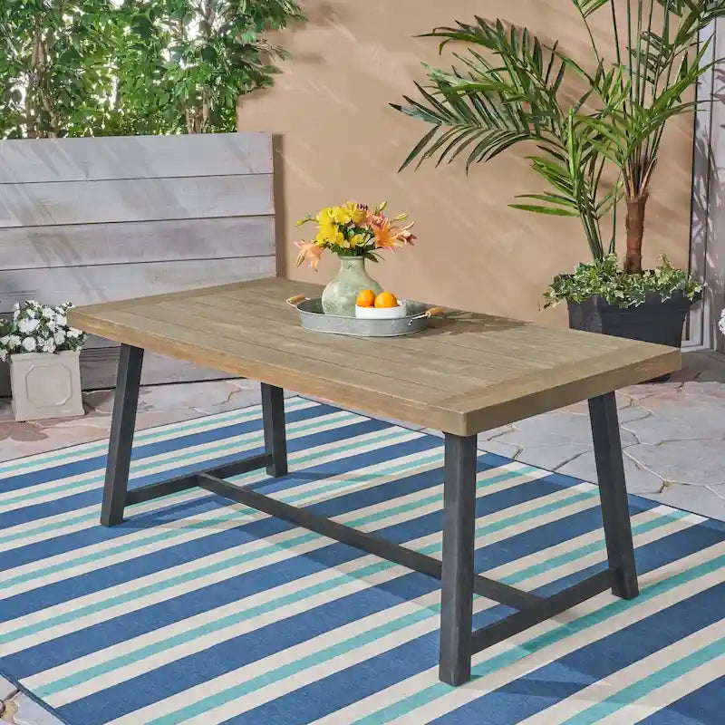 Sandblast Gray/Teak + Black Acacia Wood Outdoor Dining Table for 6
