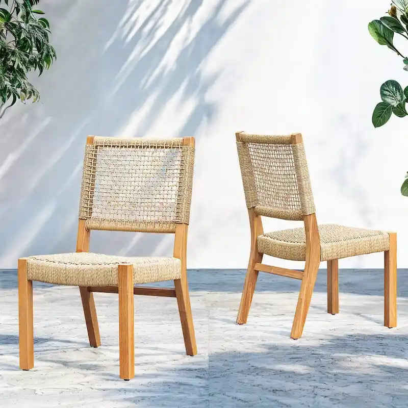 Natural Teak & Honey Wicker Outdoor Dining Chair, Set of 2