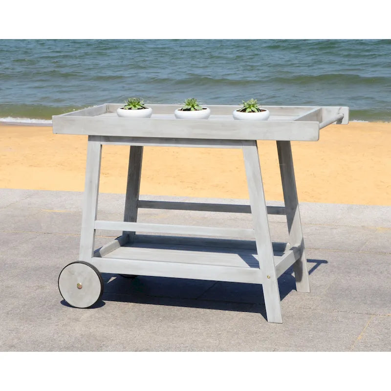 Brown / White / Black / Grey Eucalyptus Wood Indoor Outdoor Bar Cart, 1-Tier, 48"W x 20"D x 32"H