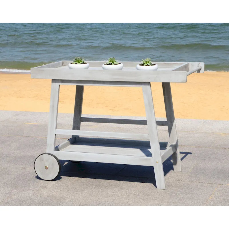 Brown / White / Black / Grey Eucalyptus Wood Indoor Outdoor Bar Cart, 1-Tier, 48"W x 20"D x 32"H