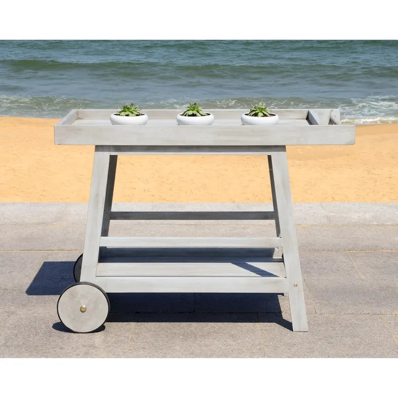 Brown / White / Black / Grey Eucalyptus Wood Indoor Outdoor Bar Cart, 1-Tier, 48"W x 20"D x 32"H