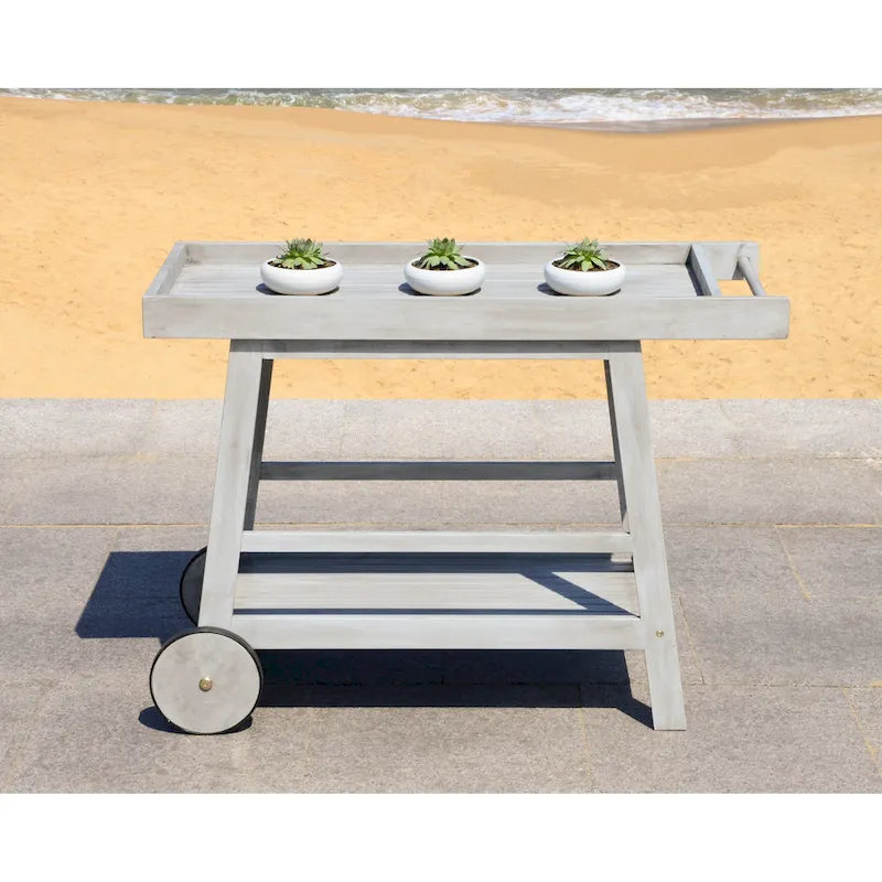 Brown / White / Black / Grey Eucalyptus Wood Indoor Outdoor Bar Cart, 1-Tier, 48"W x 20"D x 32"H
