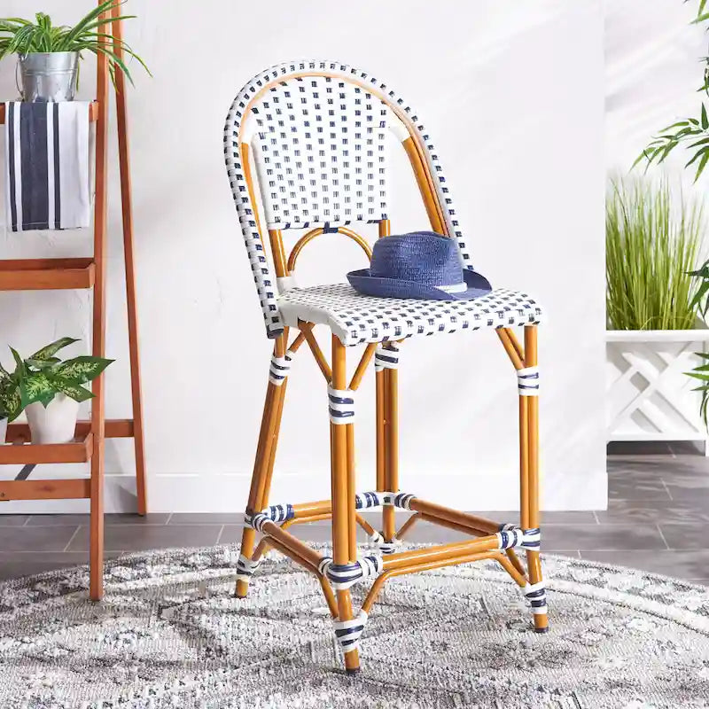 Navy/White Woven Outdoor Bistro Counter Stool – 2-Person, 25" Seat Height