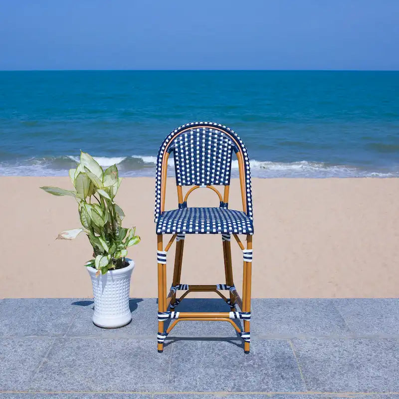 Navy/White Woven Outdoor Bistro Counter Stool – 2-Person, 25" Seat Height