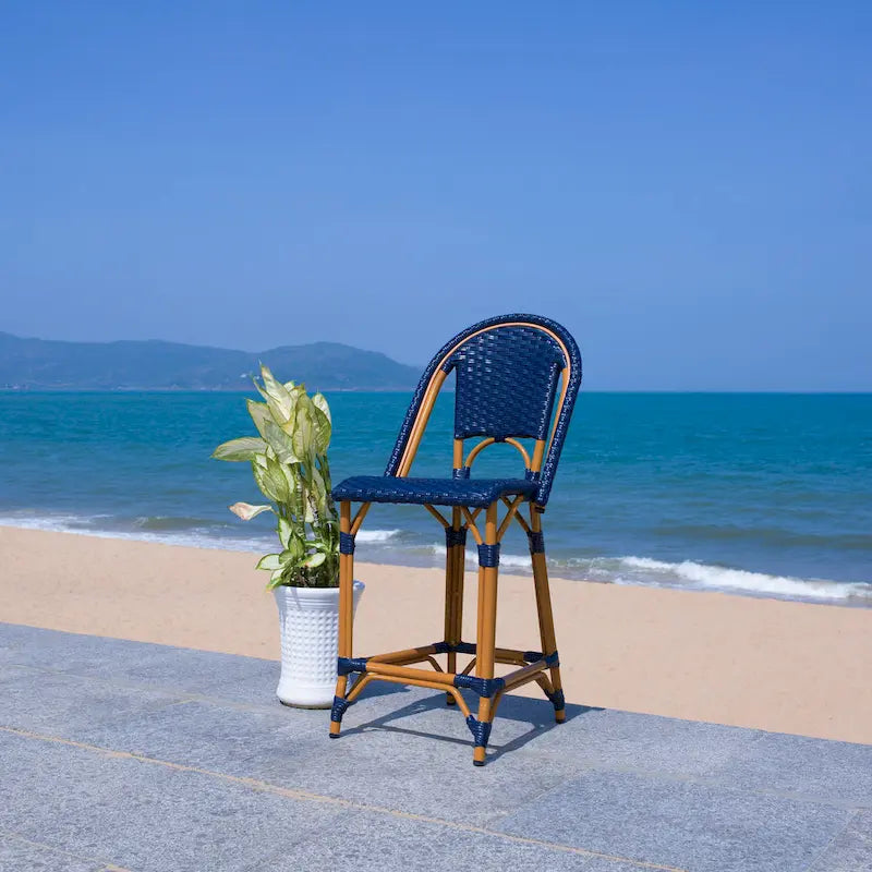 Navy/White Woven Outdoor Bistro Counter Stool – 2-Person, 25" Seat Height