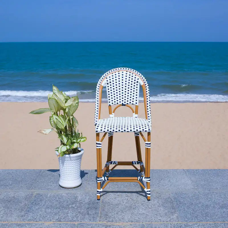 Navy/White Woven Outdoor Bistro Counter Stool – 2-Person, 25" Seat Height