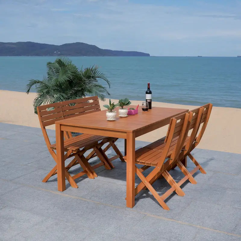 Natural Rectangular Outdoor Dining Table, Eucalyptus Wood Slat Top, Seats 6