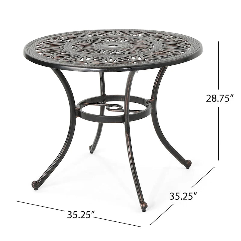Shiny Copper Round Cast Aluminum Outdoor Dining Table, Seats 4