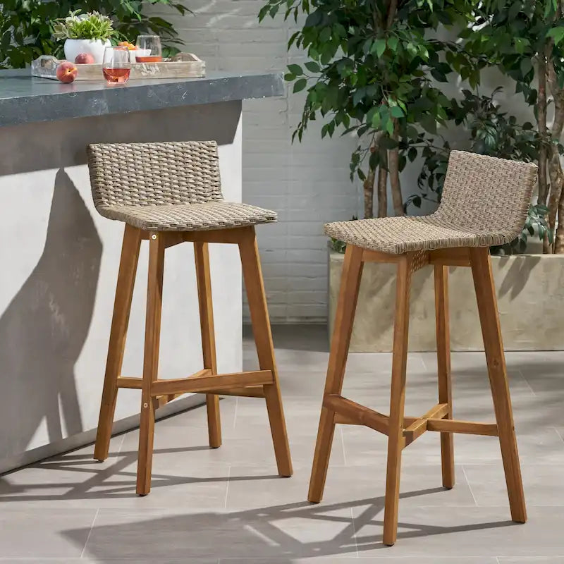 Light Brown / Gray, Wicker & Acacia Wood Outdoor Barstool, Set of 2