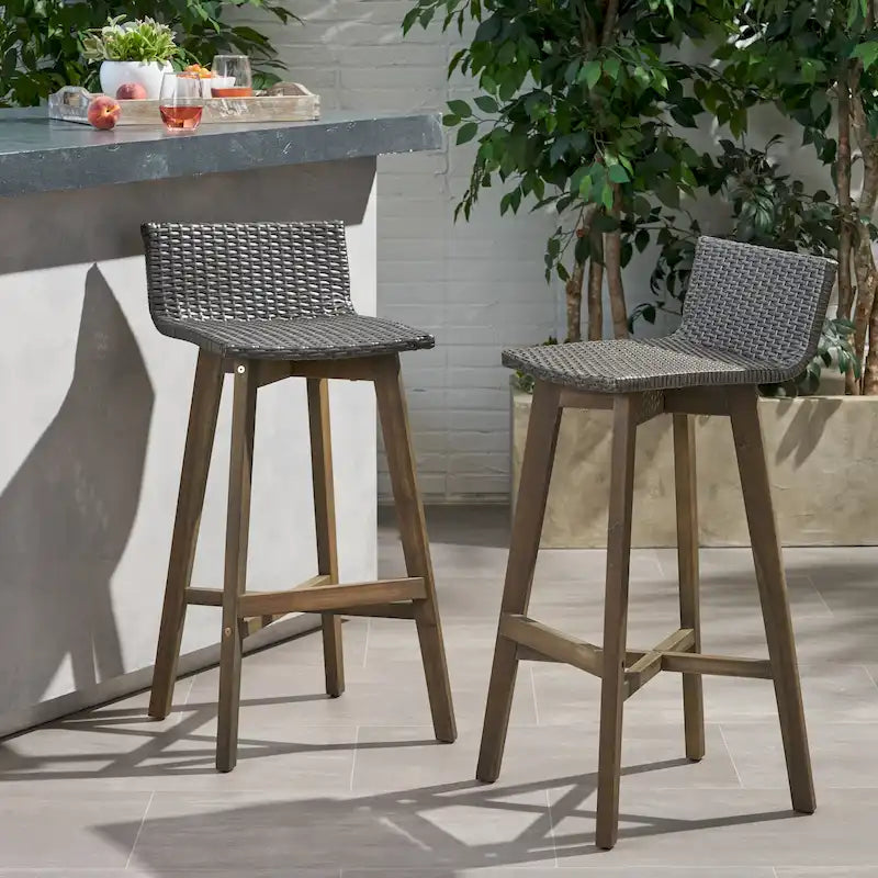 Light Brown / Gray, Wicker & Acacia Wood Outdoor Barstool, Set of 2