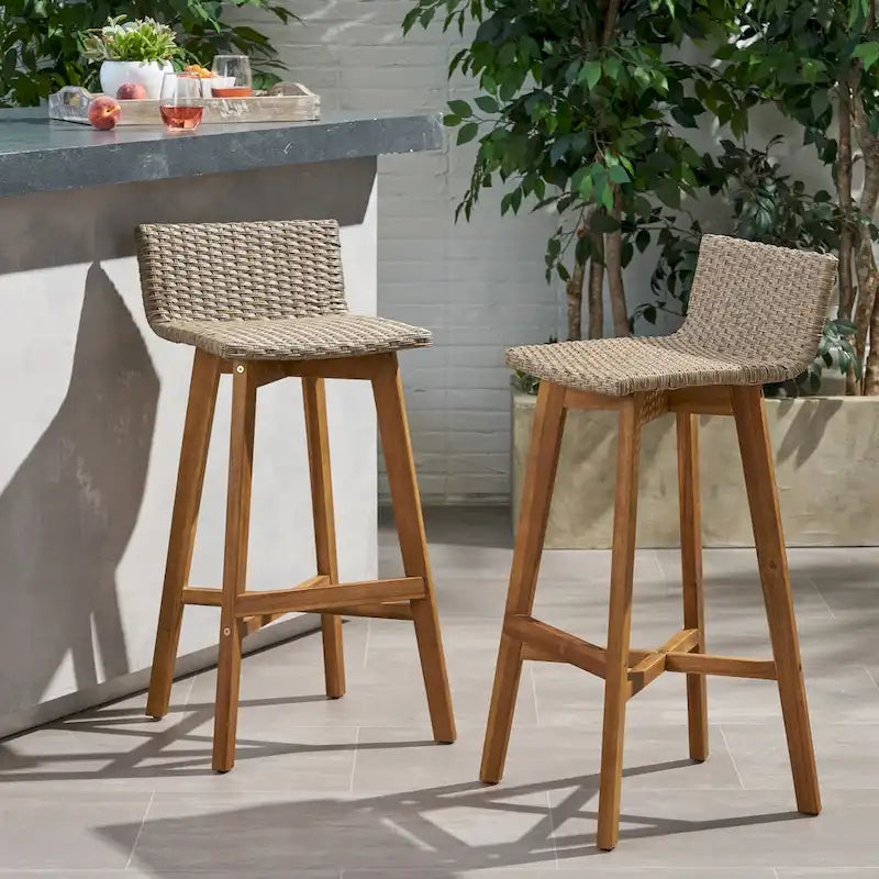 Light Brown / Gray, Wicker & Acacia Wood Outdoor Barstool, Set of 2