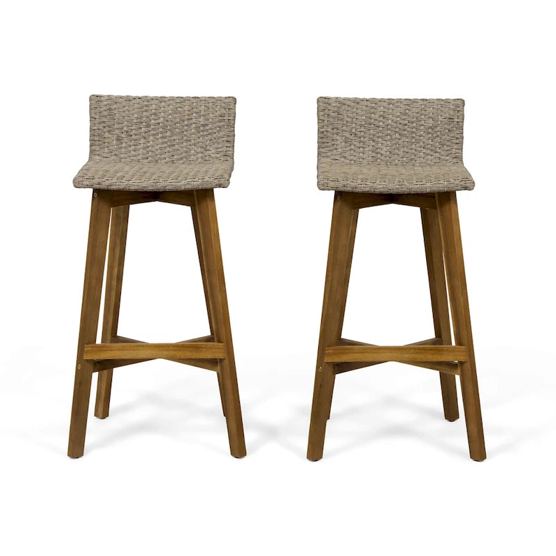 Light Brown / Gray, Wicker & Acacia Wood Outdoor Barstool, Set of 2