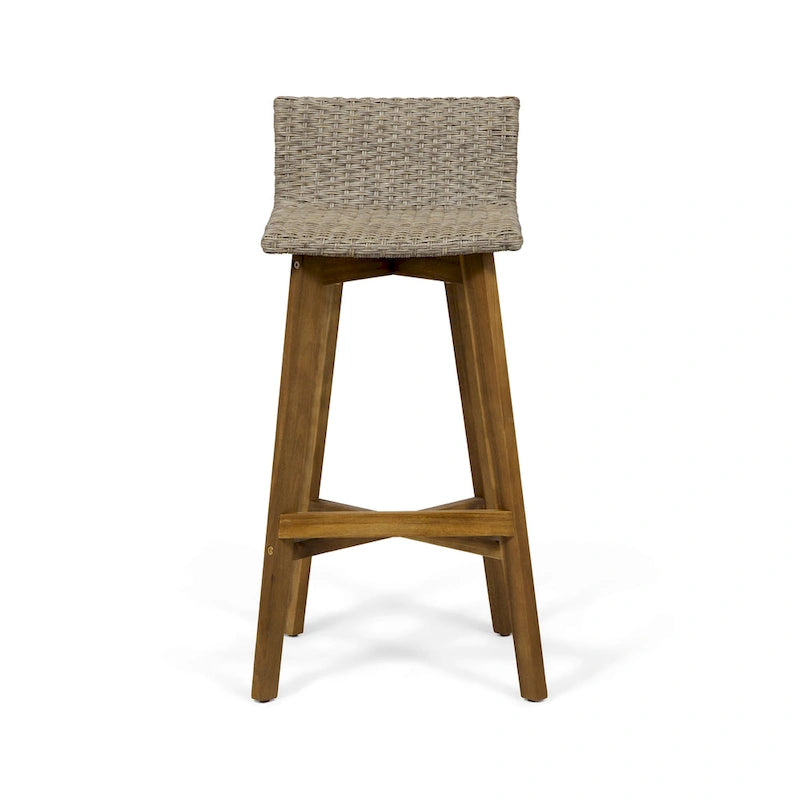 Light Brown / Gray, Wicker & Acacia Wood Outdoor Barstool, Set of 2