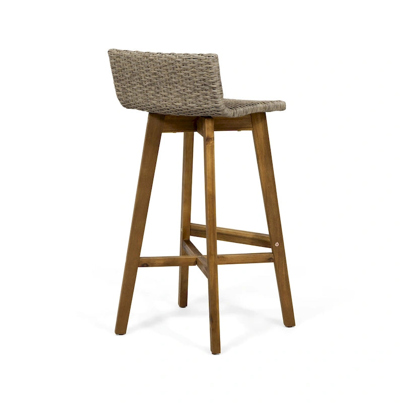 Light Brown / Gray, Wicker & Acacia Wood Outdoor Barstool, Set of 2