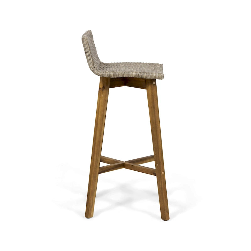 Light Brown / Gray, Wicker & Acacia Wood Outdoor Barstool, Set of 2