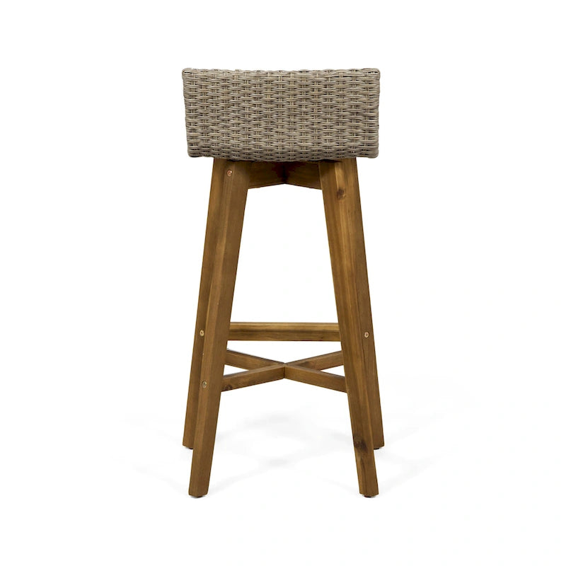 Light Brown / Gray, Wicker & Acacia Wood Outdoor Barstool, Set of 2