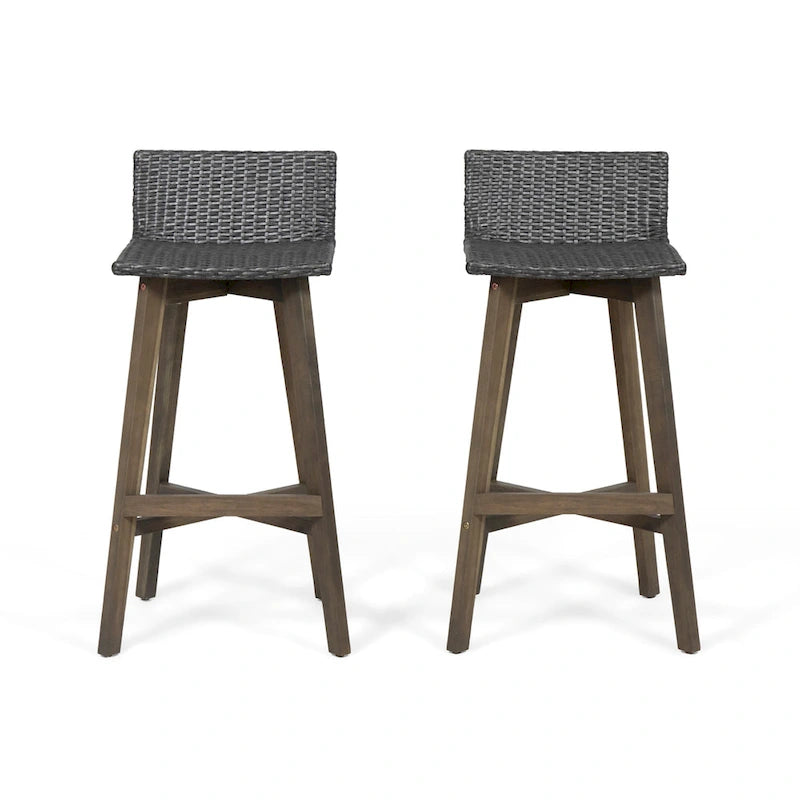 Light Brown / Gray, Wicker & Acacia Wood Outdoor Barstool, Set of 2