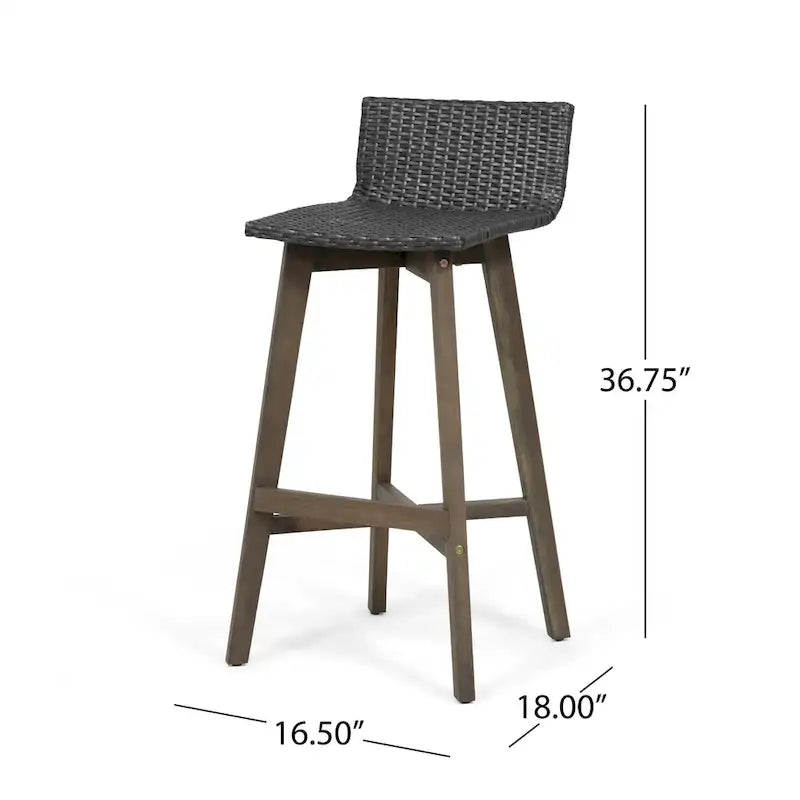 Light Brown / Gray, Wicker & Acacia Wood Outdoor Barstool, Set of 2