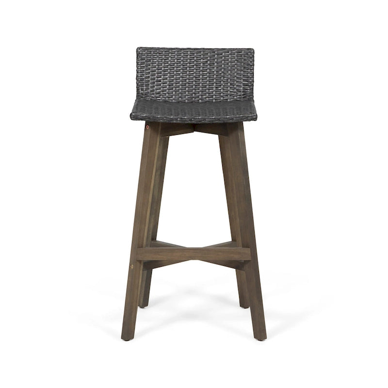 Light Brown / Gray, Wicker & Acacia Wood Outdoor Barstool, Set of 2