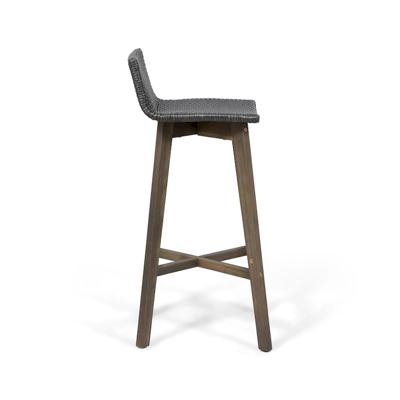 Light Brown / Gray, Wicker & Acacia Wood Outdoor Barstool, Set of 2