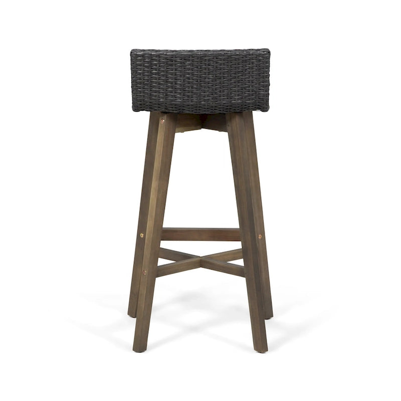 Light Brown / Gray, Wicker & Acacia Wood Outdoor Barstool, Set of 2
