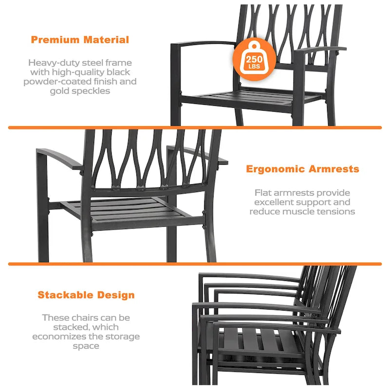 Antique Black Stackable Iron Patio Chair Set, Diamond Back, 2-Seat