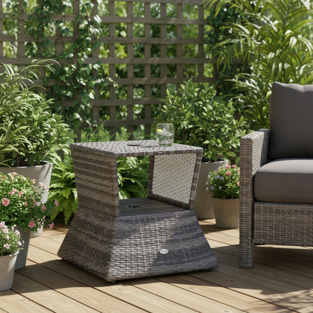 Outsunny Patio Wicker Rattan Tea Bistro Side Table with an Umbrella Hole, Convenient Storage Shelf, & Stylish Design