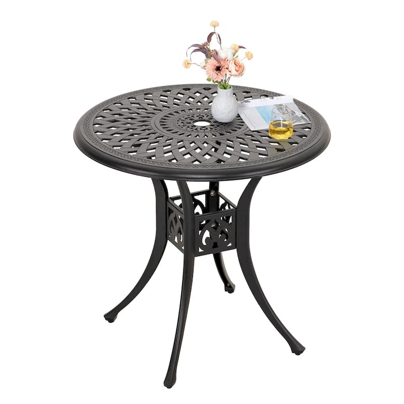 Black Round Cast Aluminum Bistro Table for 2, Lattice Pattern